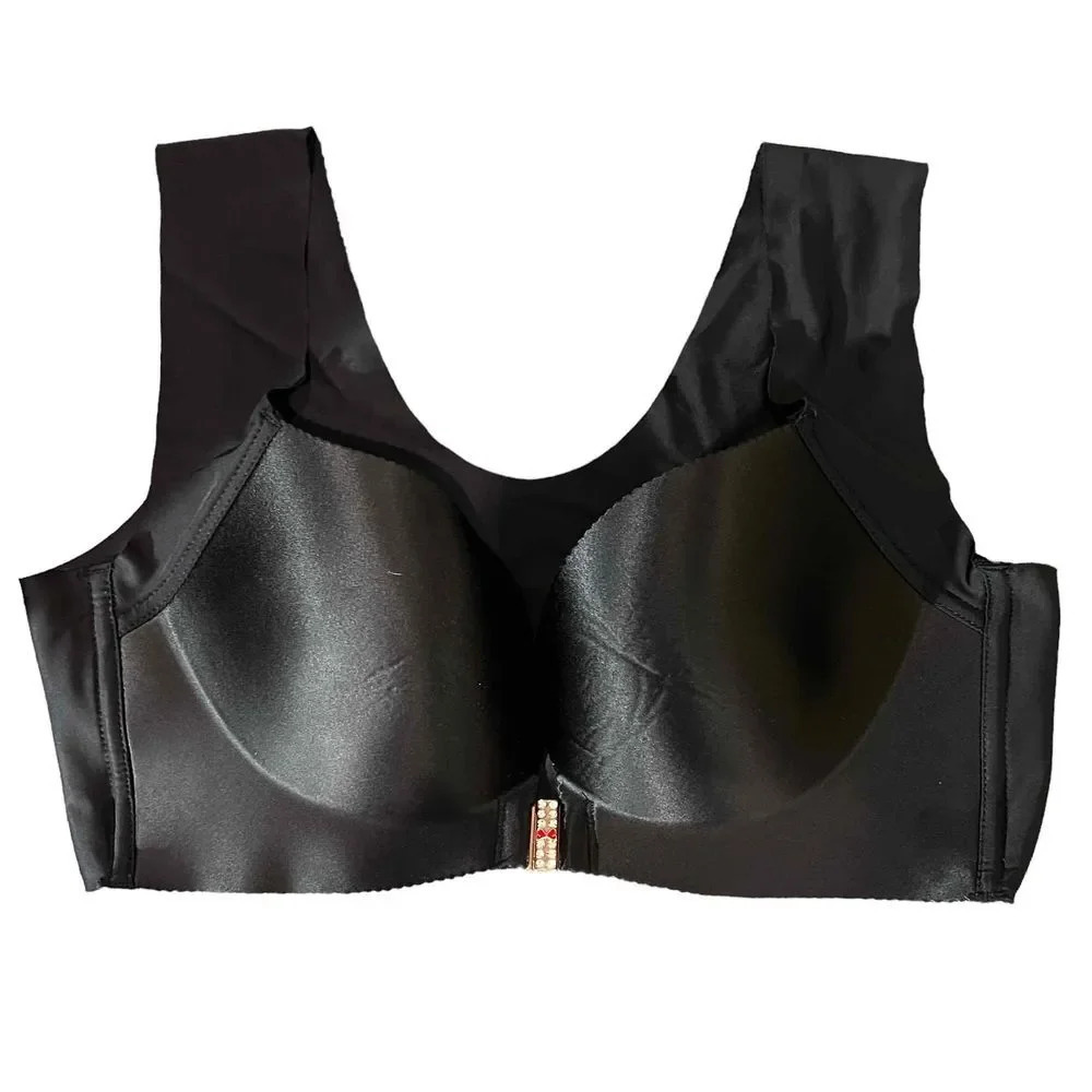 Smooth Black Front-Closure Support Bra with Padded Cups